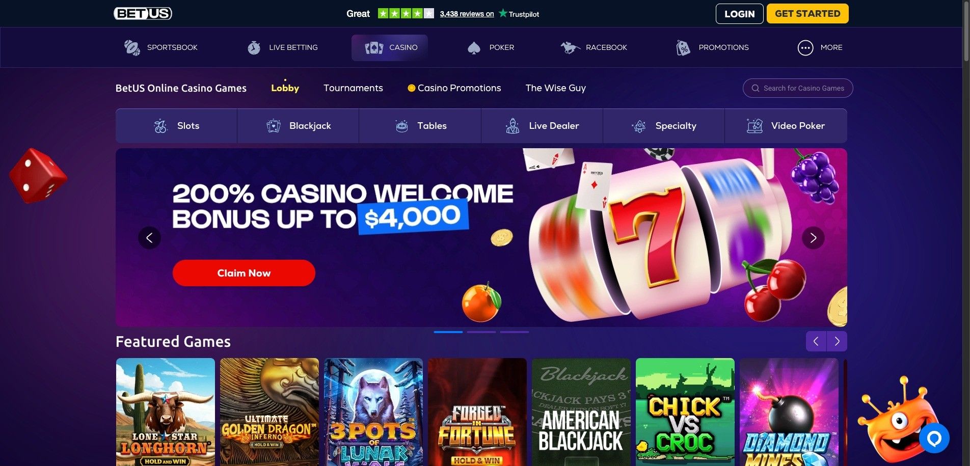 Screenshot of the casino page of BetUs, featuring a welcome bonus